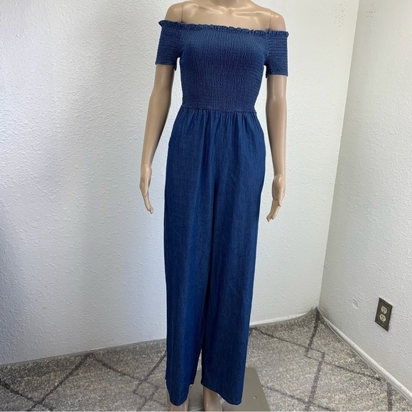 BLUE Rain Francescas chambray Ellison Romper size XXS Ruched Off Shoulder rodeo - Picture 5 of 13